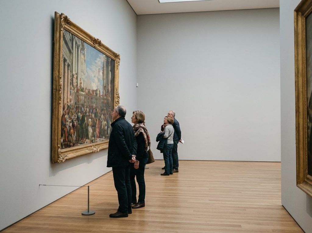 Visitantes observando obras em exposição de museu