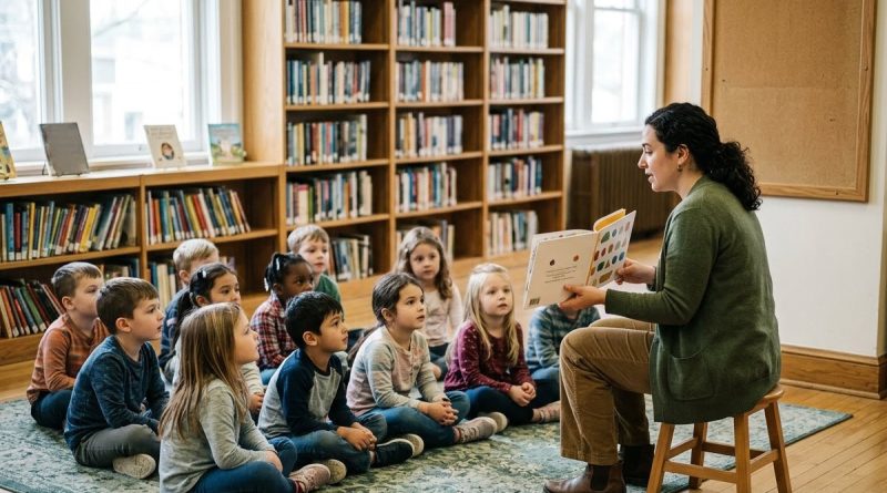Crianças ouvindo contação de histórias em biblioteca