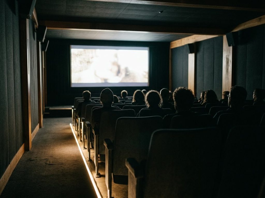 Plateia assistindo a sessão de cinema em sala escura