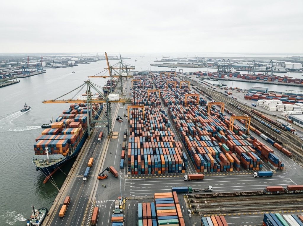 Porto de contêineres com navio cargueiro atracado