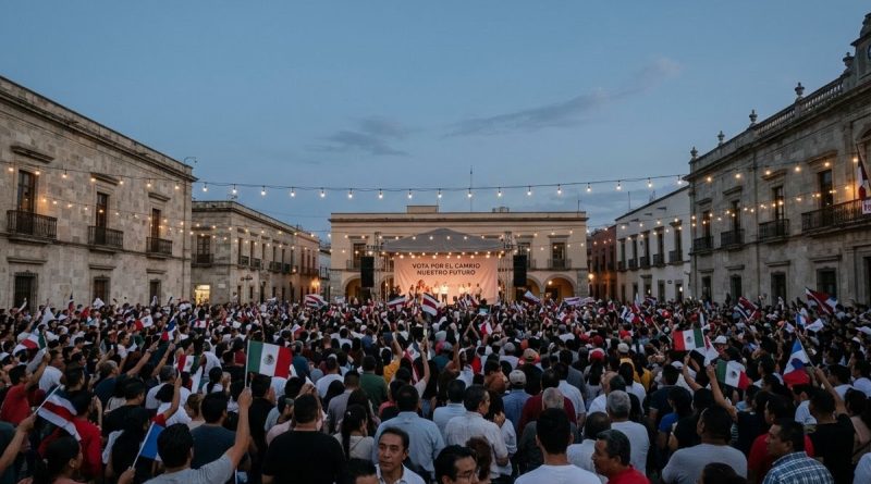 Comício de campanha eleitoral em praça na América Latina
