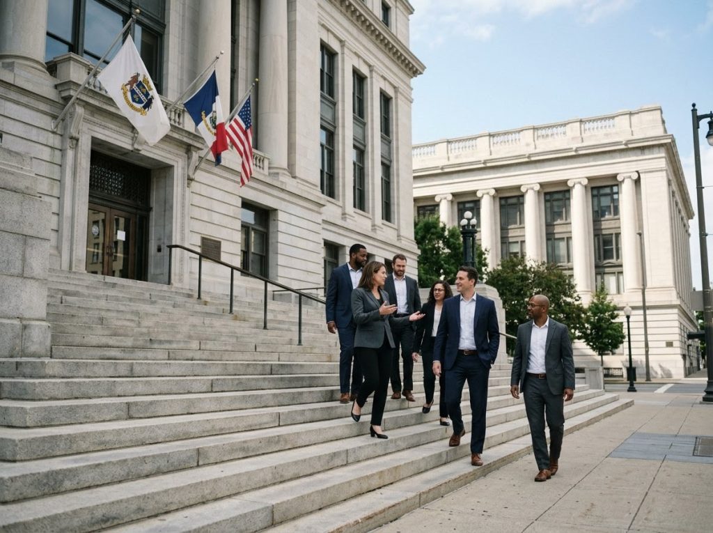 Fachada de prefeitura com grupo de pessoas na entrada
