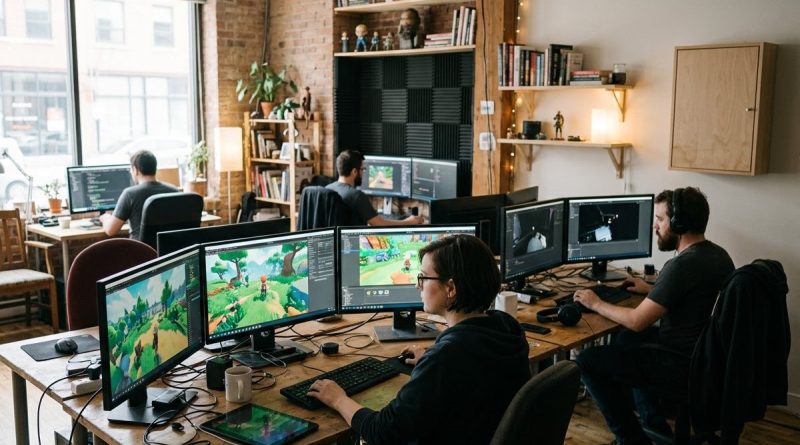 Equipe de desenvolvedores de jogos trabalhando em estúdio