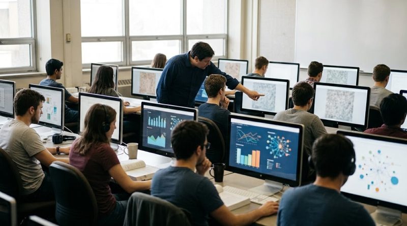 Estudantes em laboratório de informática universitário