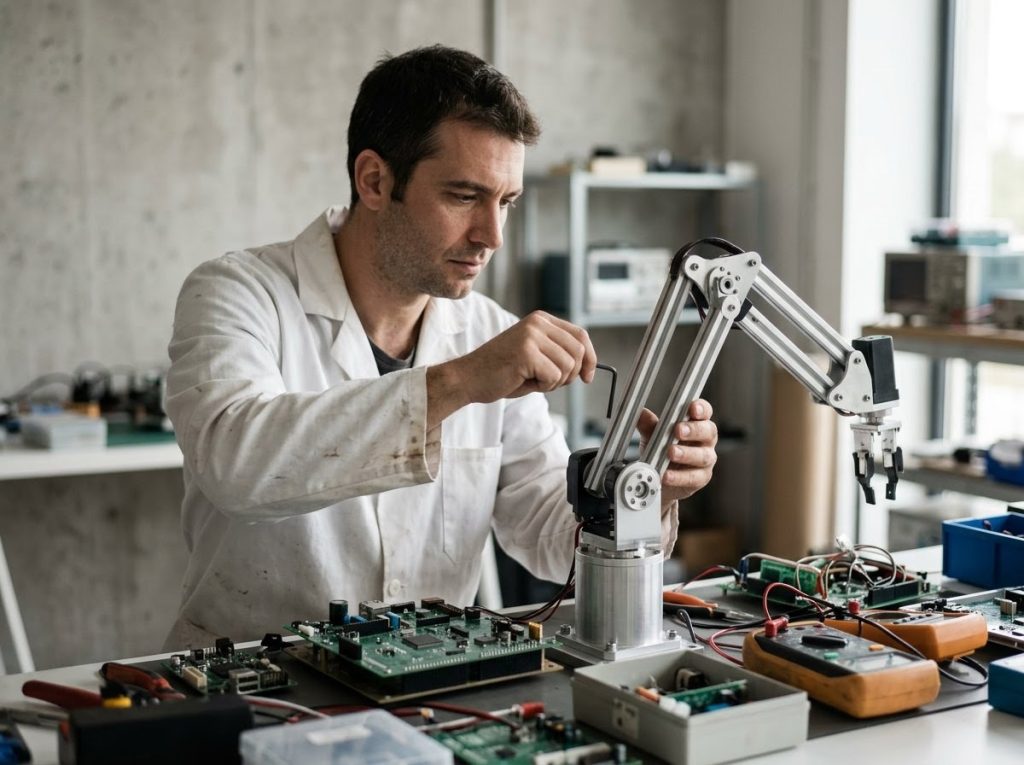 Braço robótico em linha de produção industrial