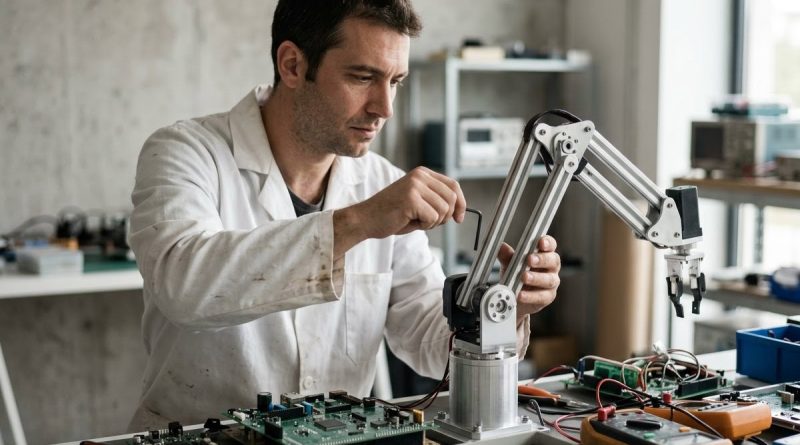 Braço robótico em linha de produção industrial